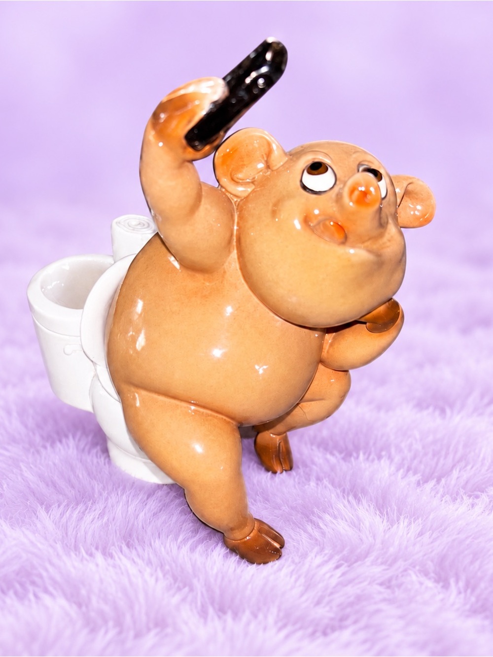 Pig Taking Selfie- Brown Pig Figurine